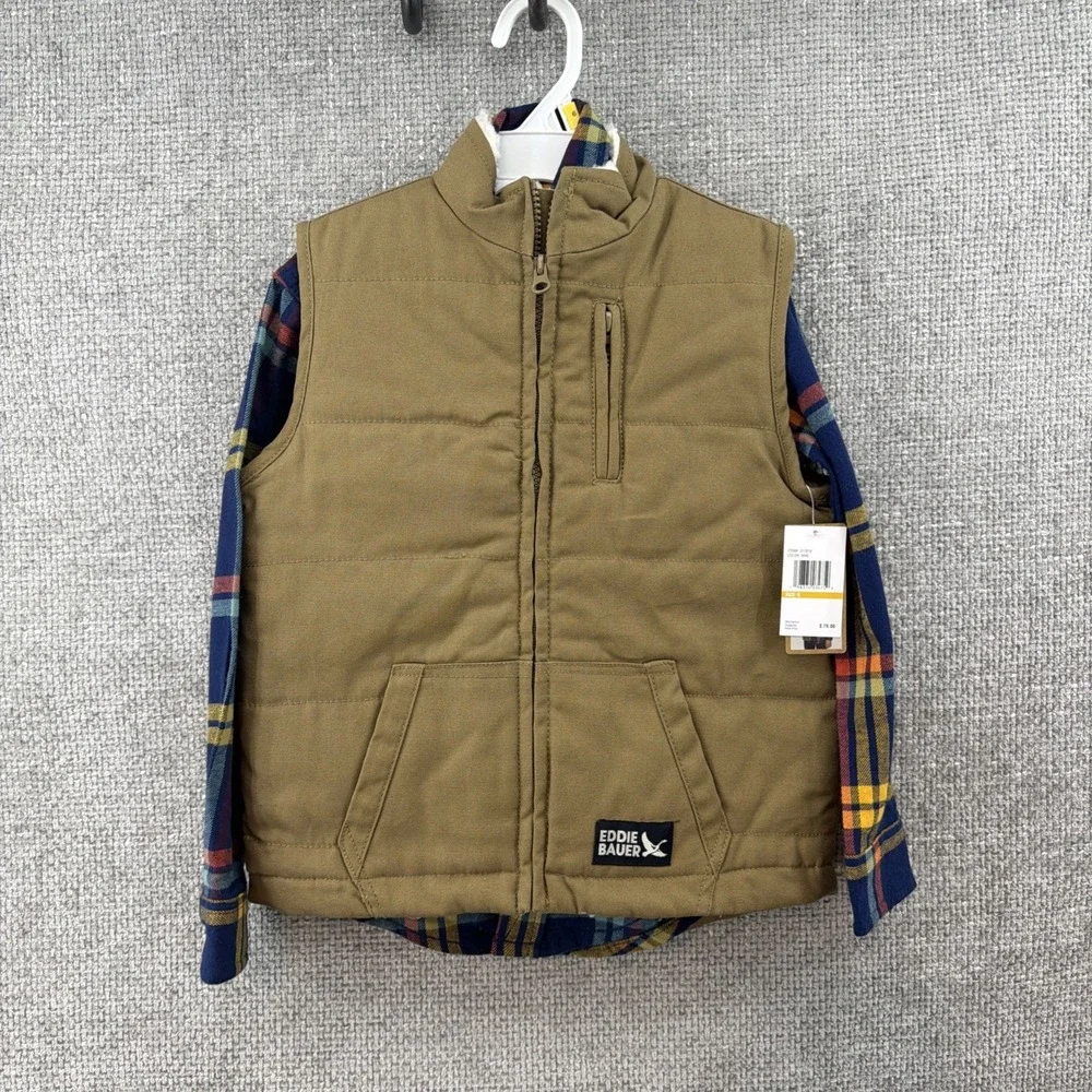 Eddie Bauer Kids Size 6 Tan Faux Sherpa Lined Vest‎ Blue Plaid Flannel Shirt Set